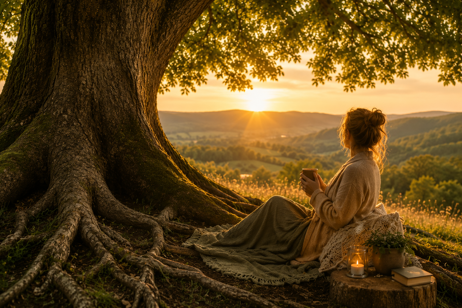 Eine Frau sitzt unter einem Baum und schaut in die Landschaft